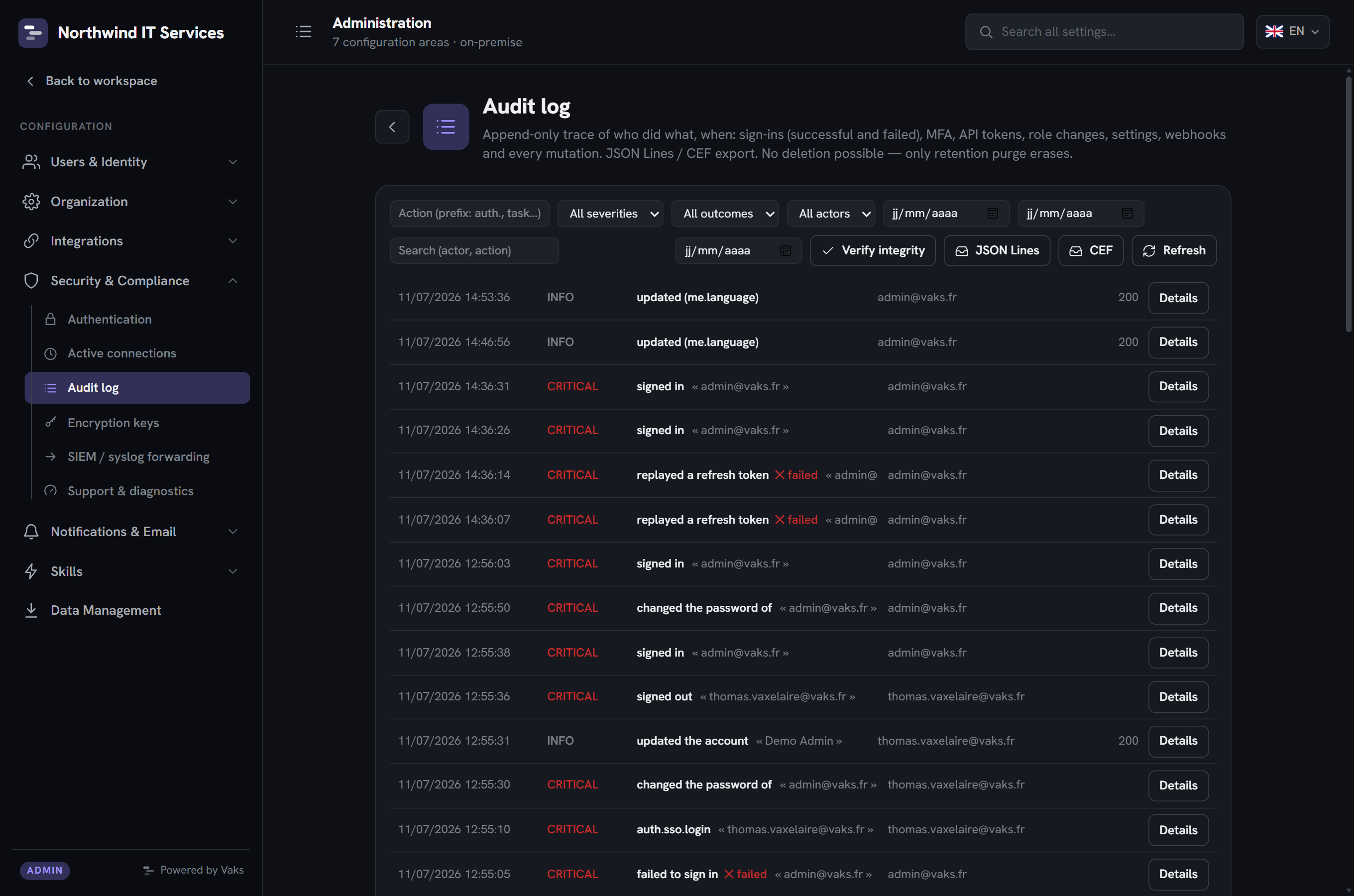 Admin: audit log with filters, entries and exports