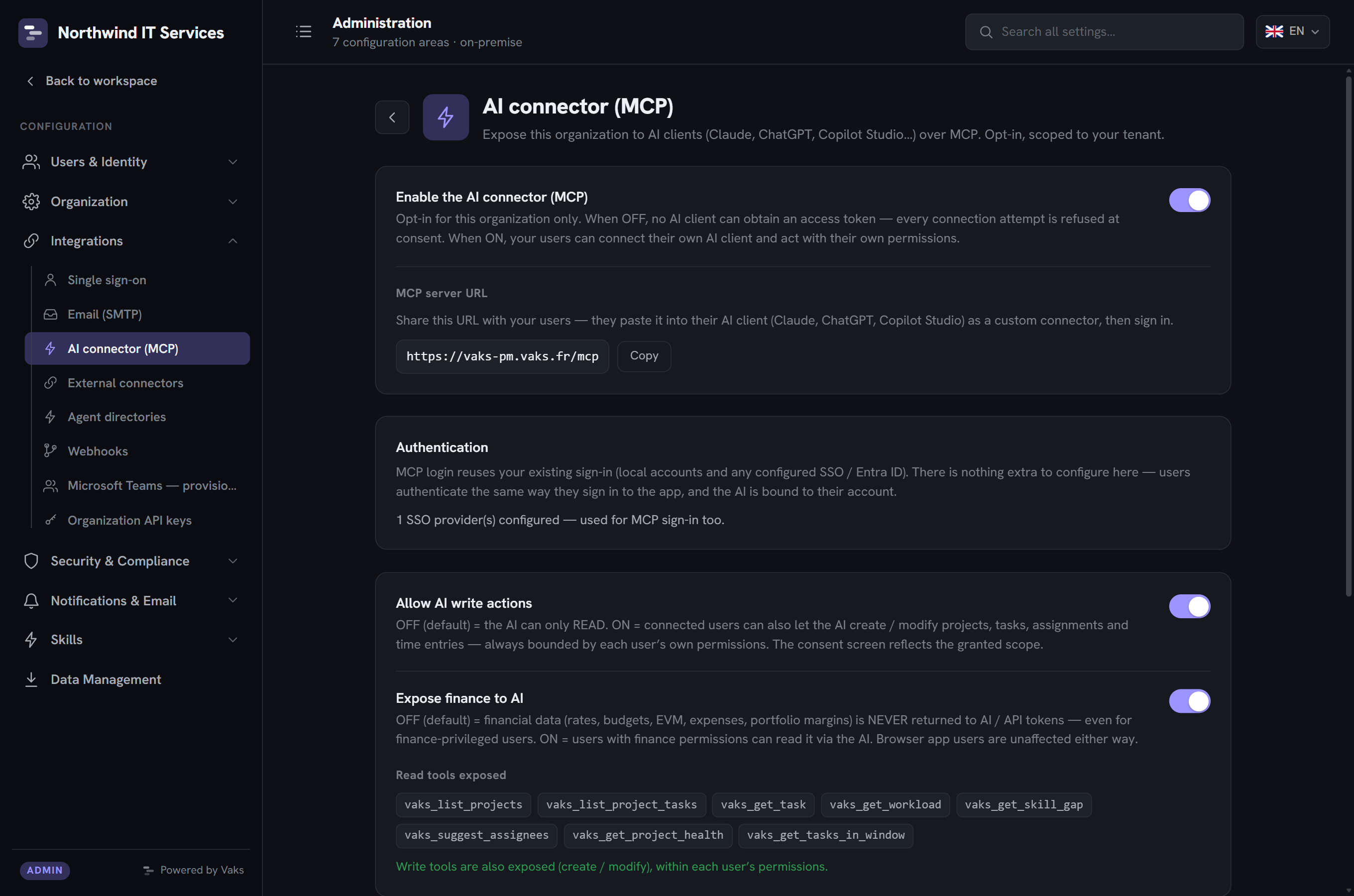 Admin: AI connector (MCP) configuration