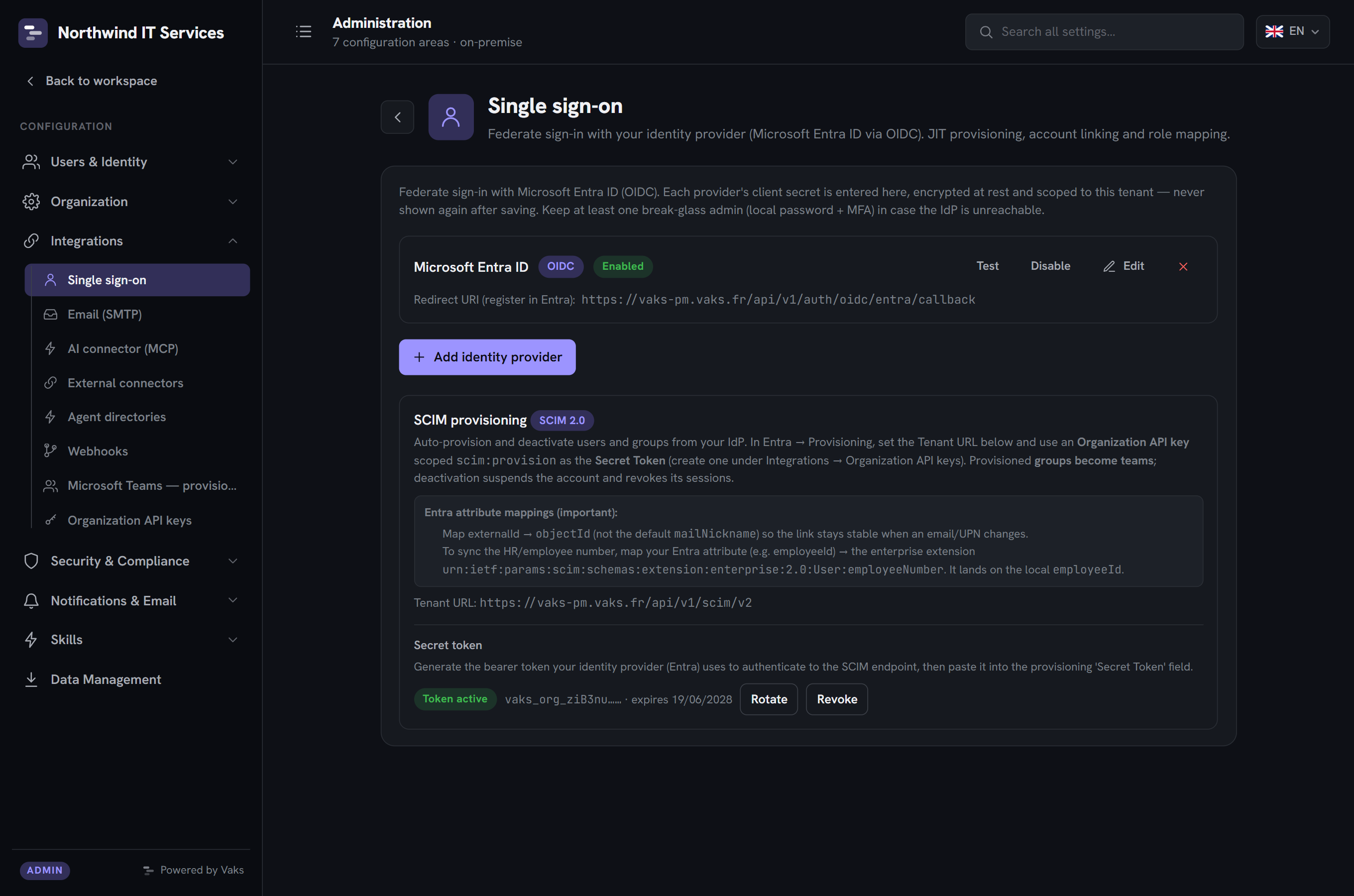Admin: Single sign-on (Entra ID OIDC) configuration and SCIM provisioning