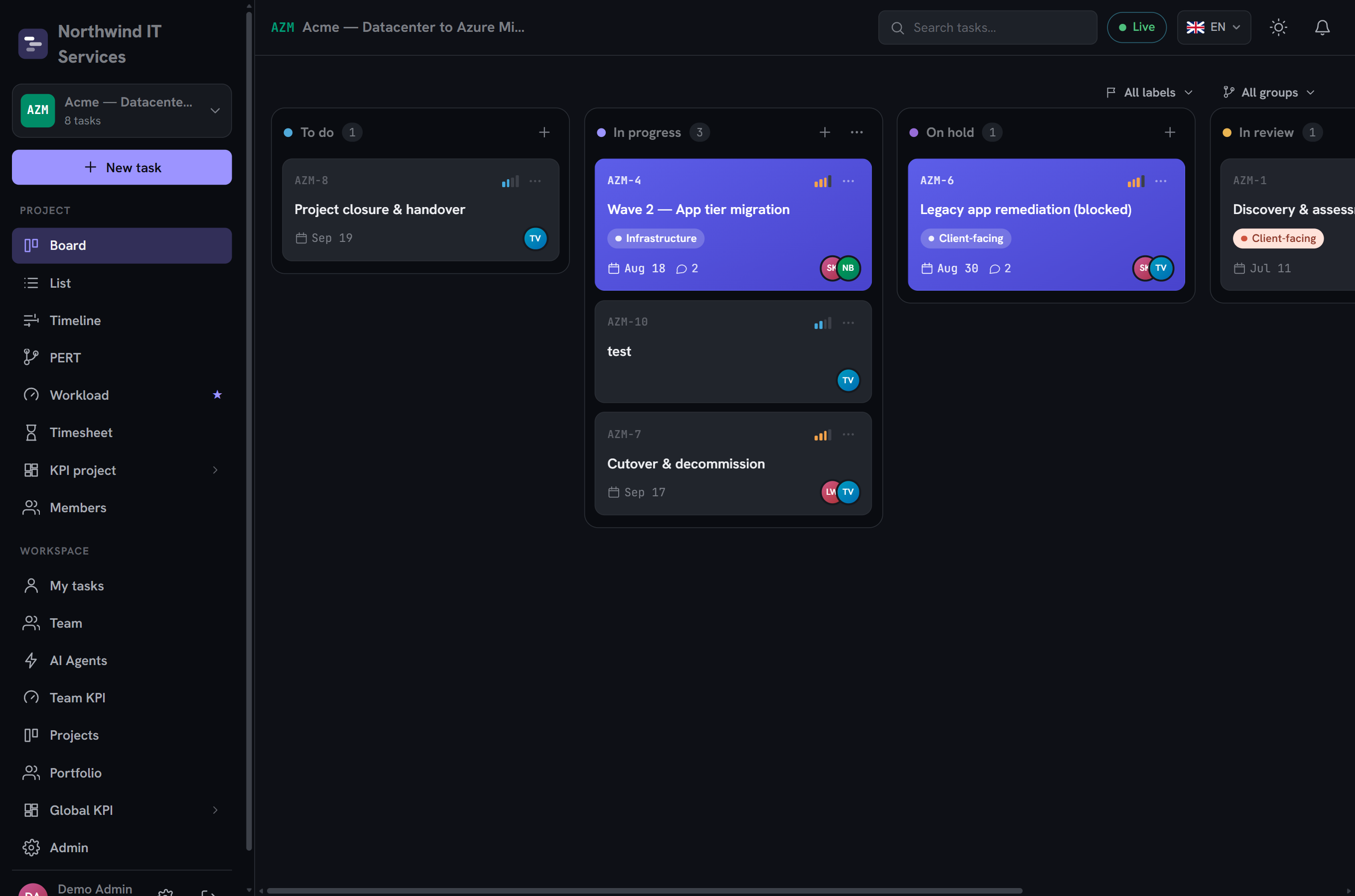 Project Kanban board with status columns and task cards