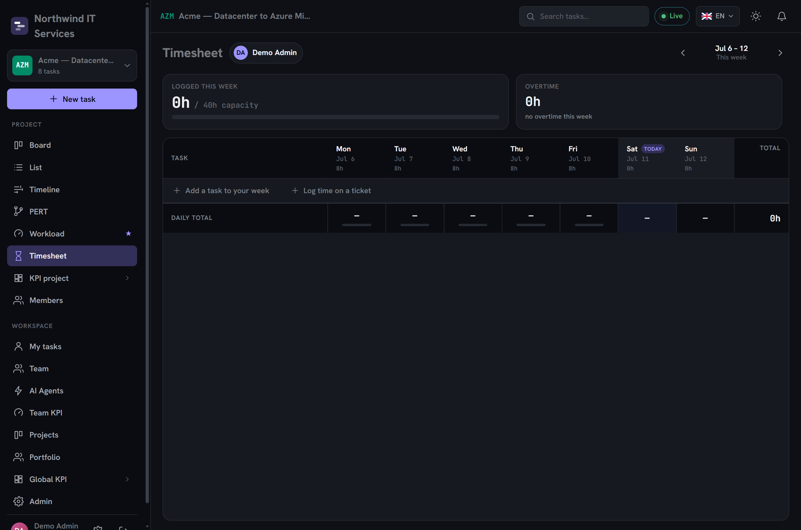 Personal weekly timesheet: editable tasks-by-day grid