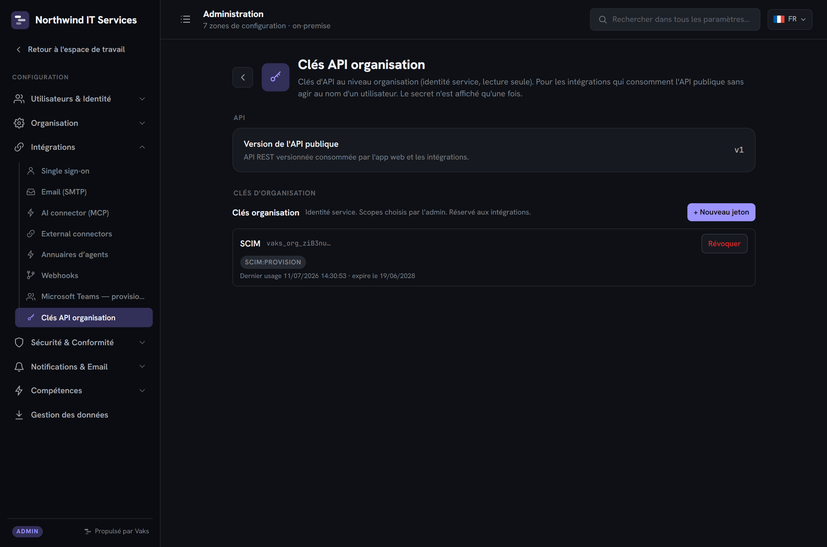 Admin : clés API d'organisation