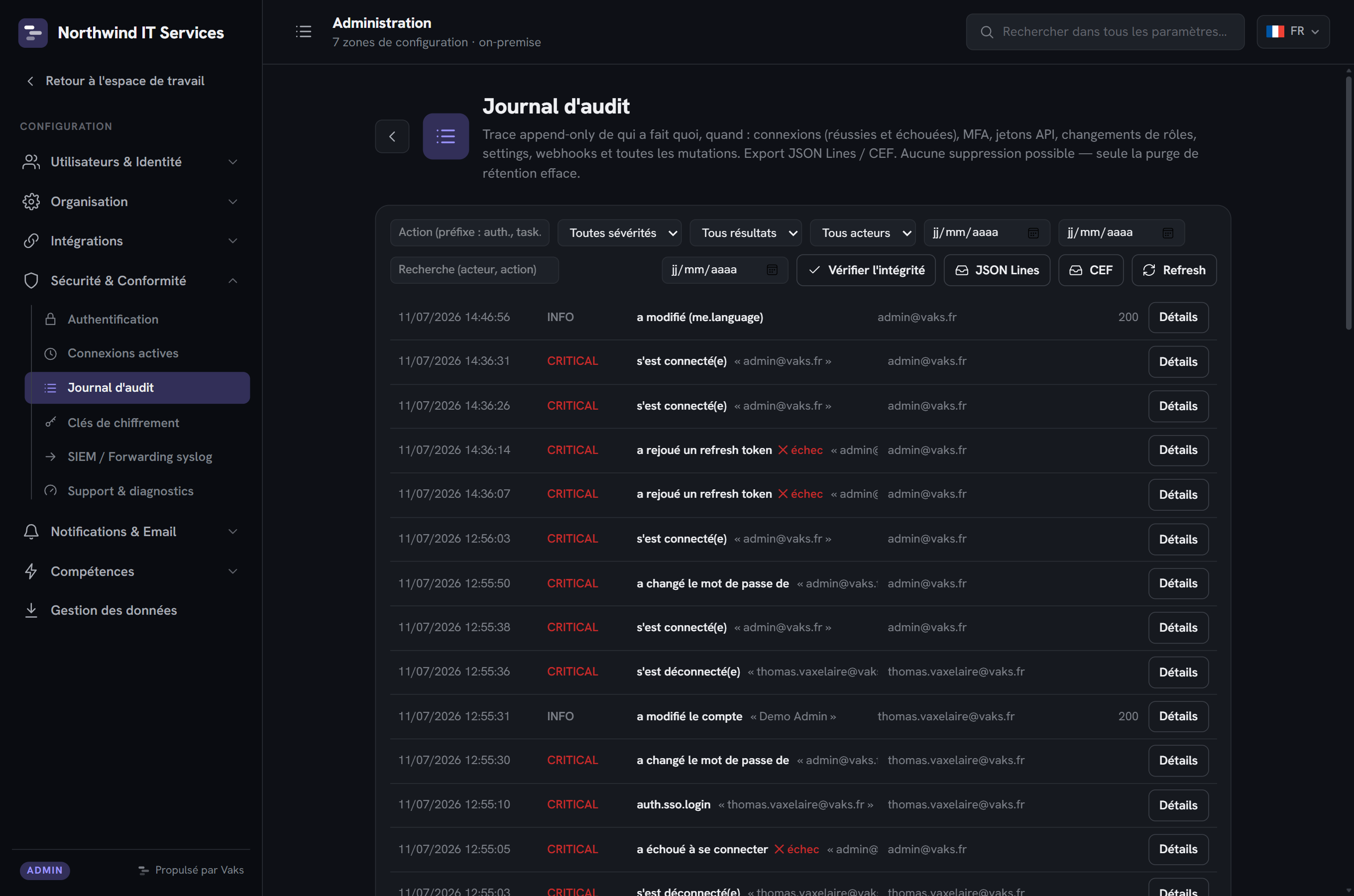 Admin : journal d'audit avec filtres, entrées et exports