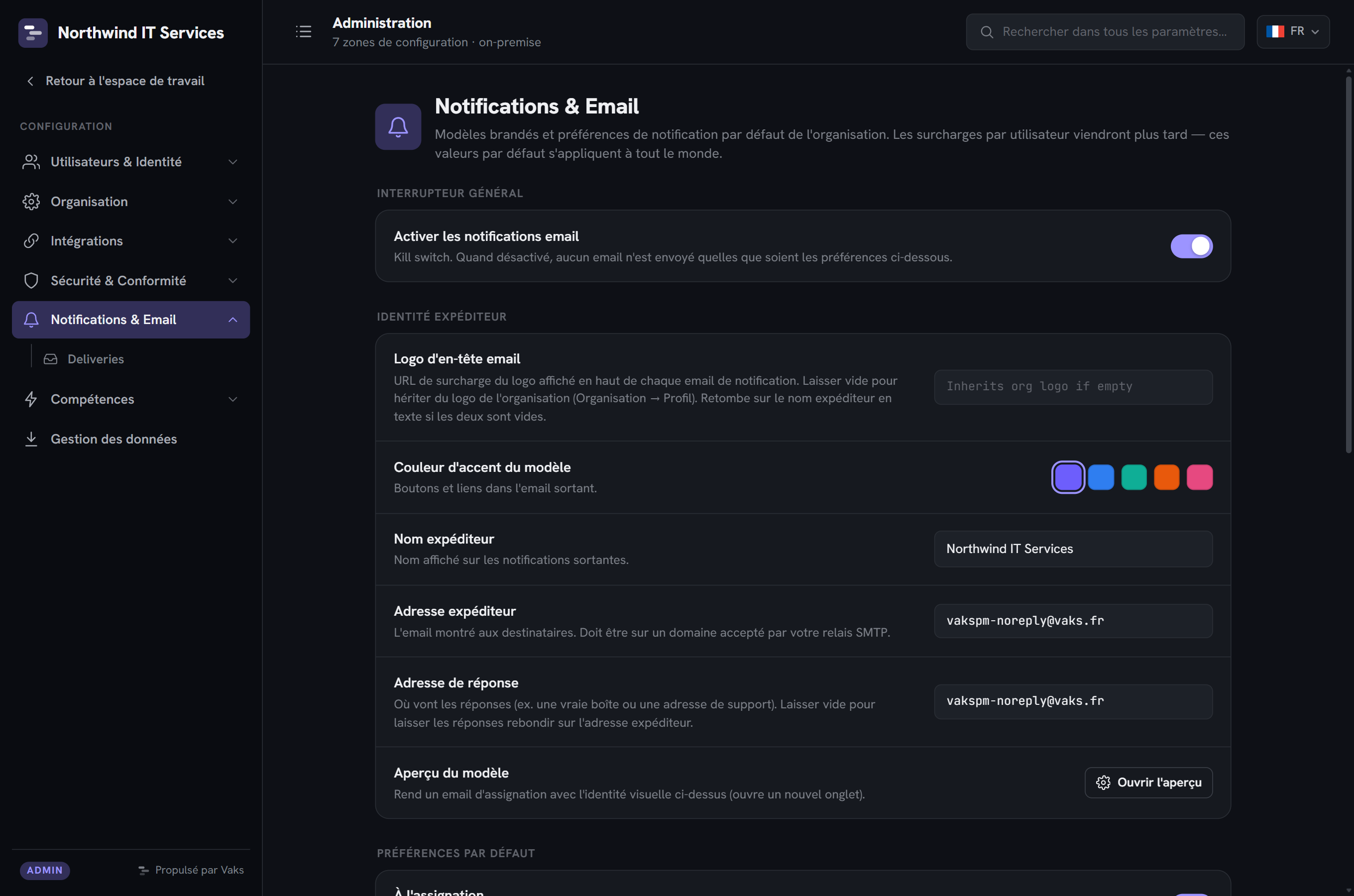 Admin : configuration des notifications par courriel
