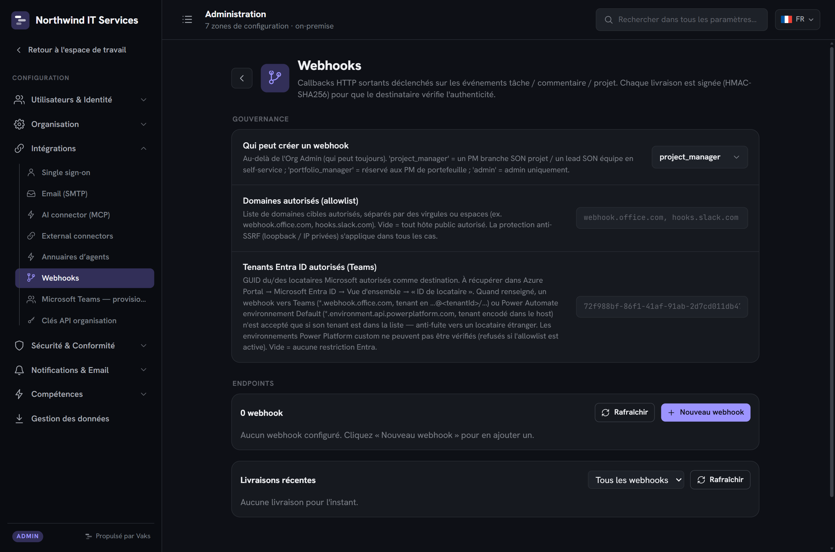 Admin : gestion des webhooks