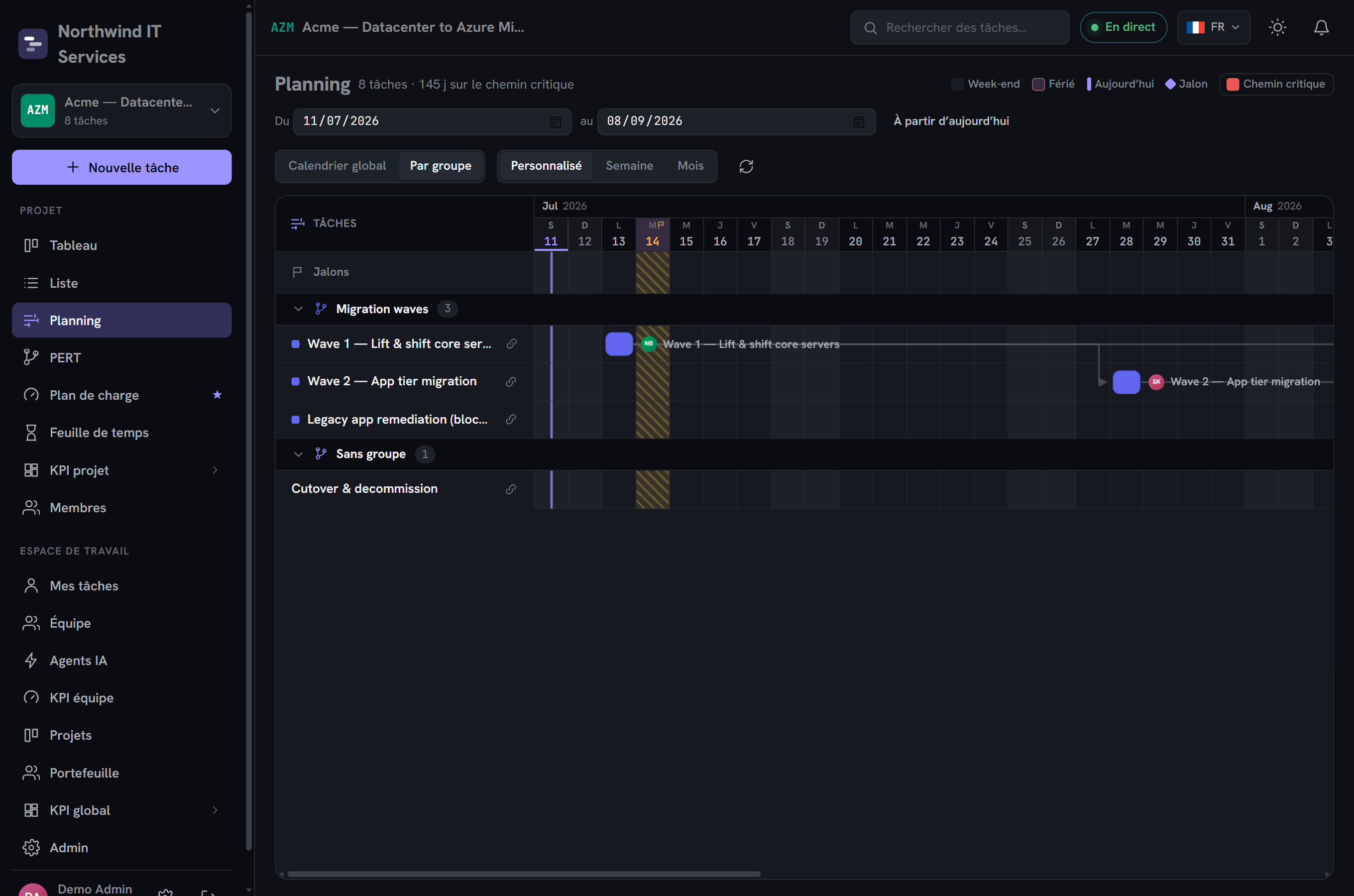 Vue Timeline / Gantt : barres de tâches sur un axe de dates, groupes, dépendances et chemin critique
