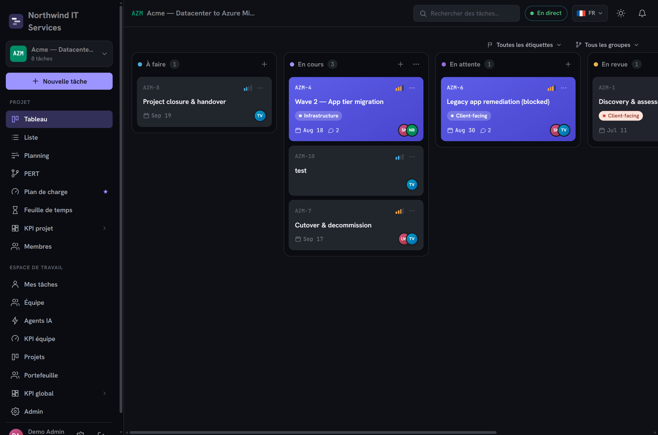 Tableau Kanban d'un projet, avec colonnes par statut et cartes de tâches